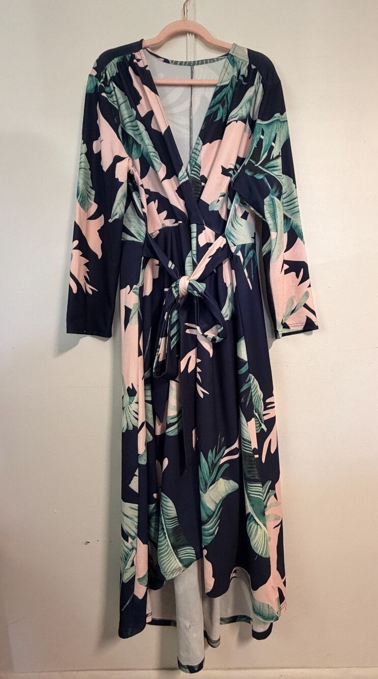 Tropical Palm Leaf Maxi Dress 3XL Plus Size Navy Pink Long Sleeve Hi Low Belted